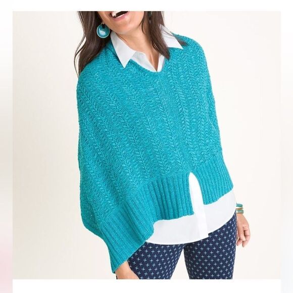 Chico's Turquoise Blue Tape Yarn Chunky Woven Convertible Poncho - Picture 3 of 15